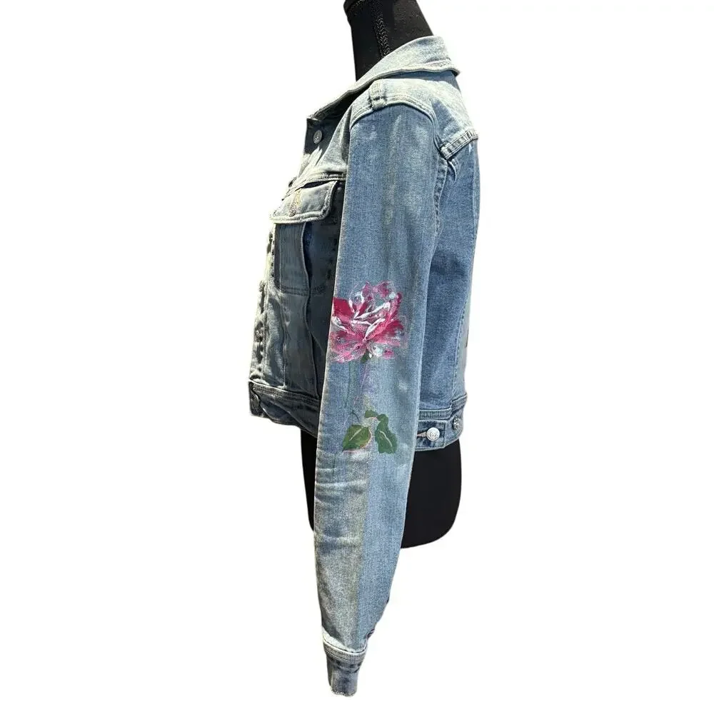 BEBE Denim Jean Jacket with Hand Painted Pink Roses Size Sm, EUC